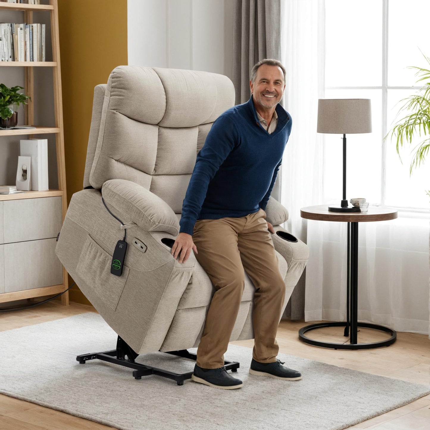 MCombo Power Lift Recliner Chair for Elderly, Electric Lift Chair with Extended Footrest, USB Ports, Cup Holders, Fabric 7287 (Oatmeal, Medium)