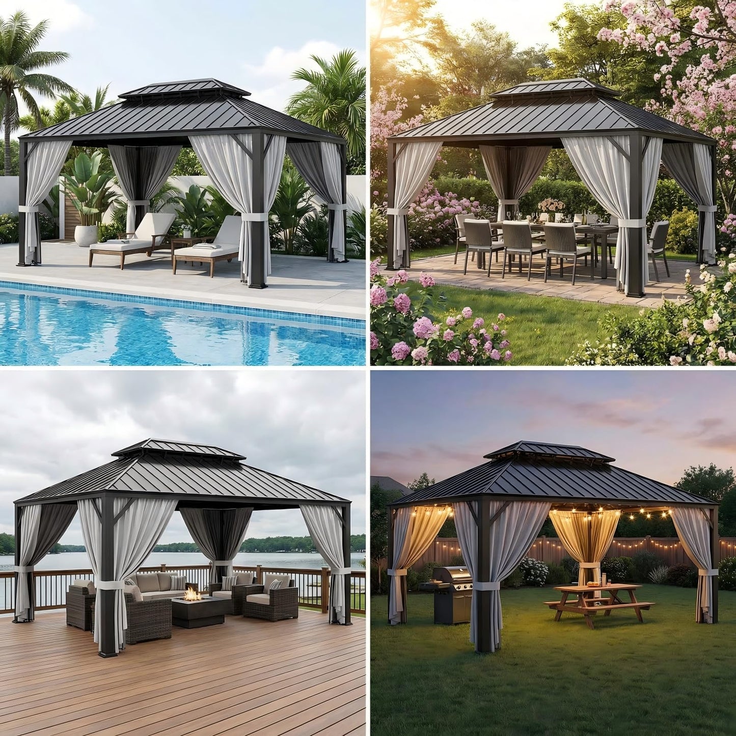 IRONCK 16'x12' Hardtop Gazebo, Update Aluminum Frame Gazebo with Galvanized Steel Double Roof, Outdoor Pergola with Curtain and Net, Backyard Canopy for Garden, Deck, Gray and Black