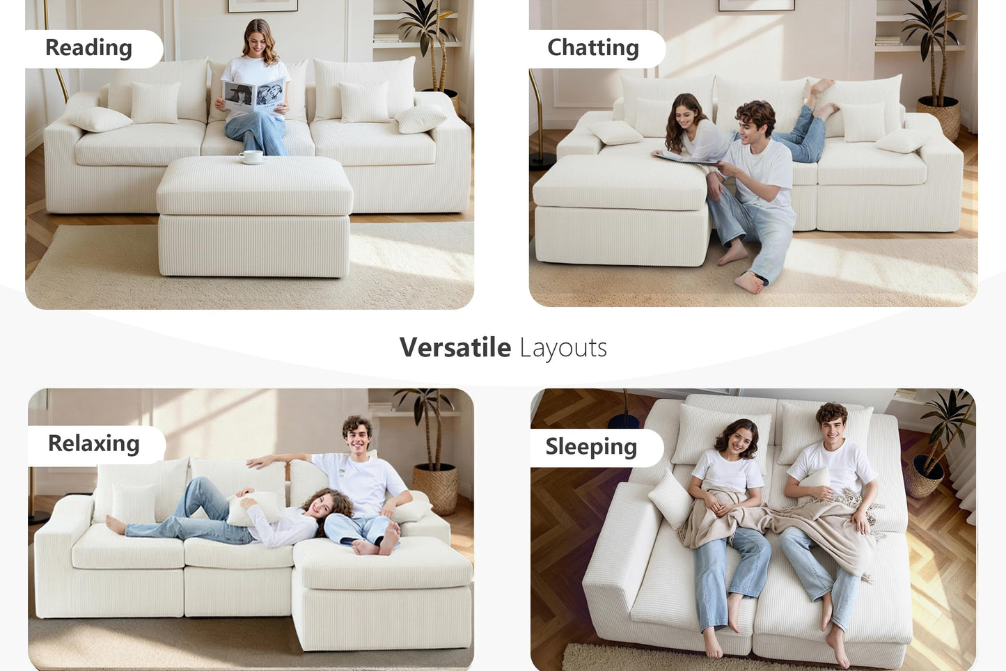 HABUTWAY 104" L Shaped Cloud Sectional Couch, Boneless Modular Sectional Sofa with Deep Seat, Corduroy Couches for Living Room, Modular Couch, No Assembly Required (Beige)
