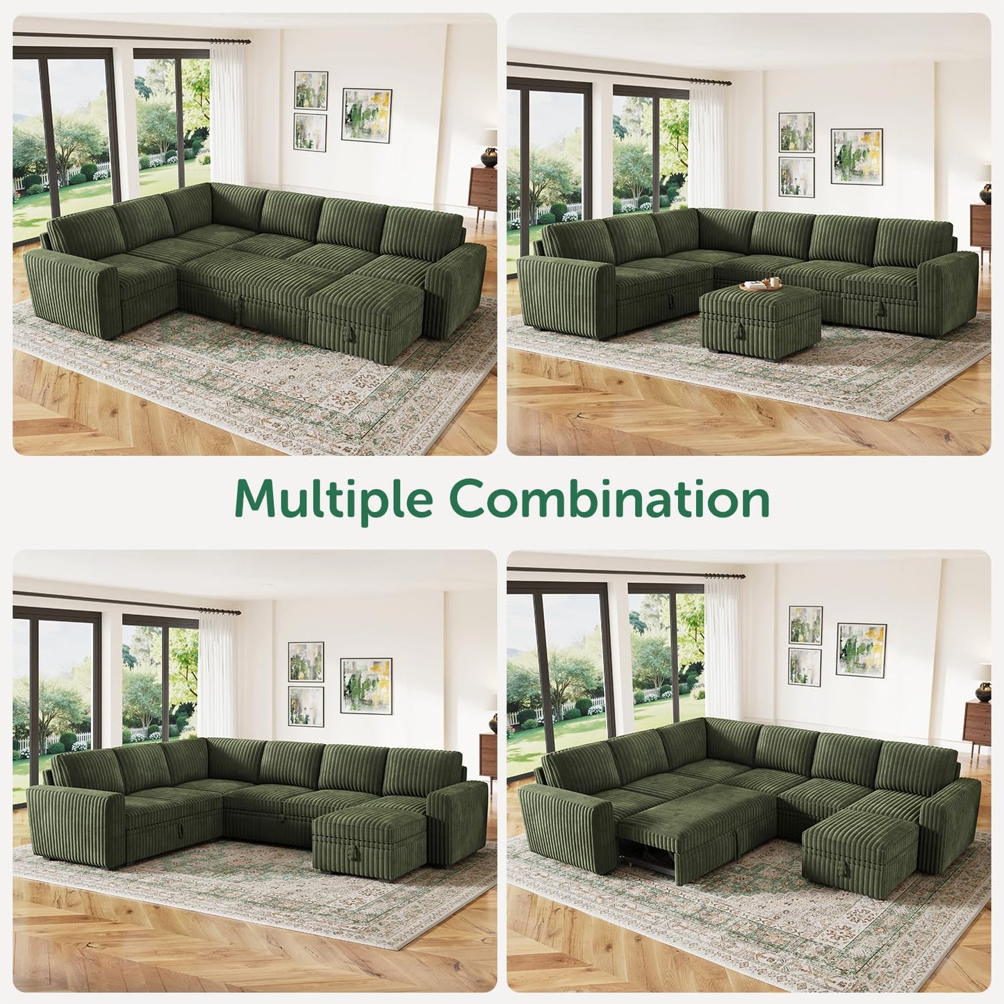 HONBAY Modular Sectional Sleeper Sofa with Pull Out Bed,Corduroy U Shaped Couch with Storage, Sectional Couches for Living Room,Green