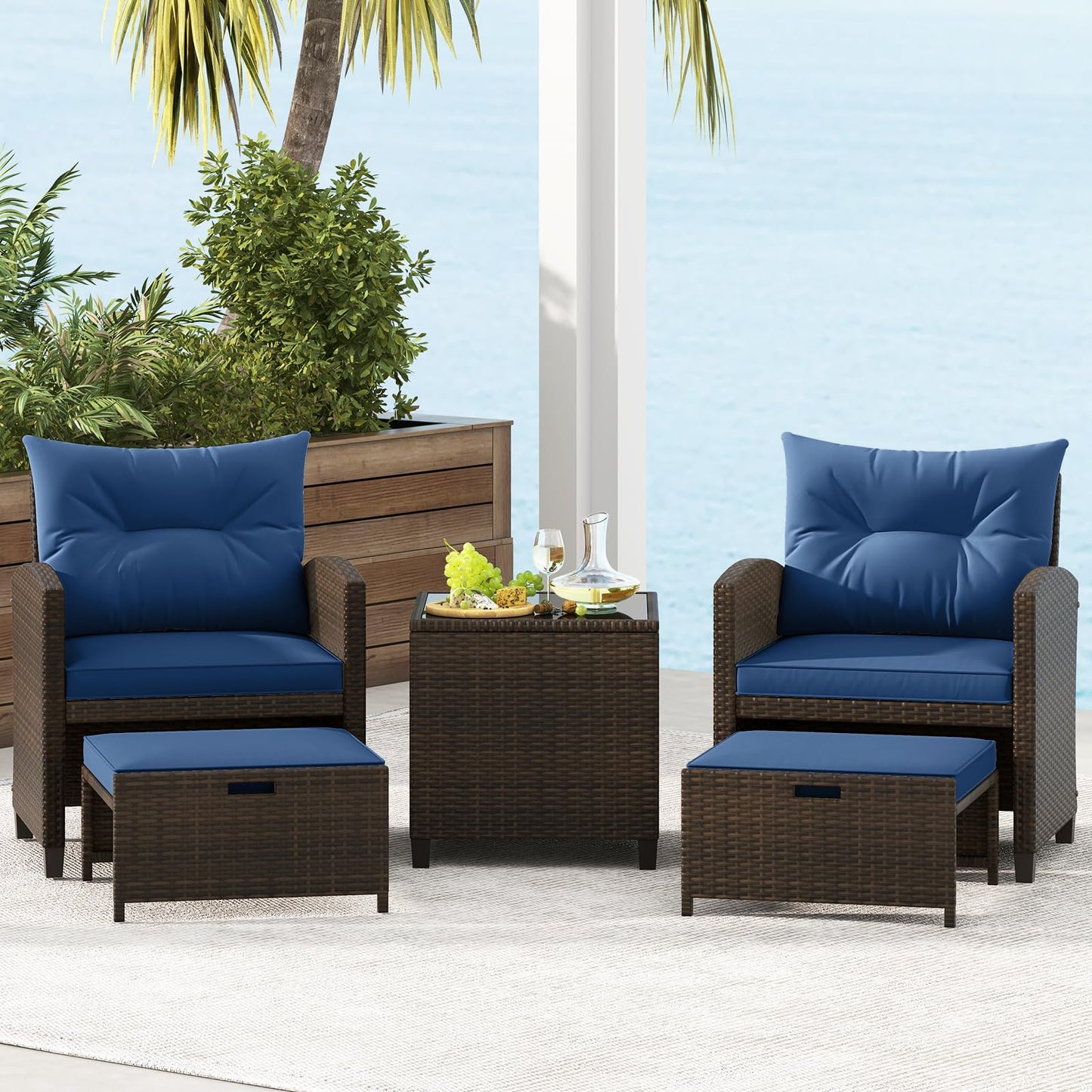 Tangkula 5 Pieces Patio Conversation Set, PE Wicker Rattan Outdoor Furniture Set with 2 Chairs, 2 Ottomans & Tempered Glass Coffee Table, Ideal for Poolside, Backyard, Lawn, Deck, Mix Brown & Navy