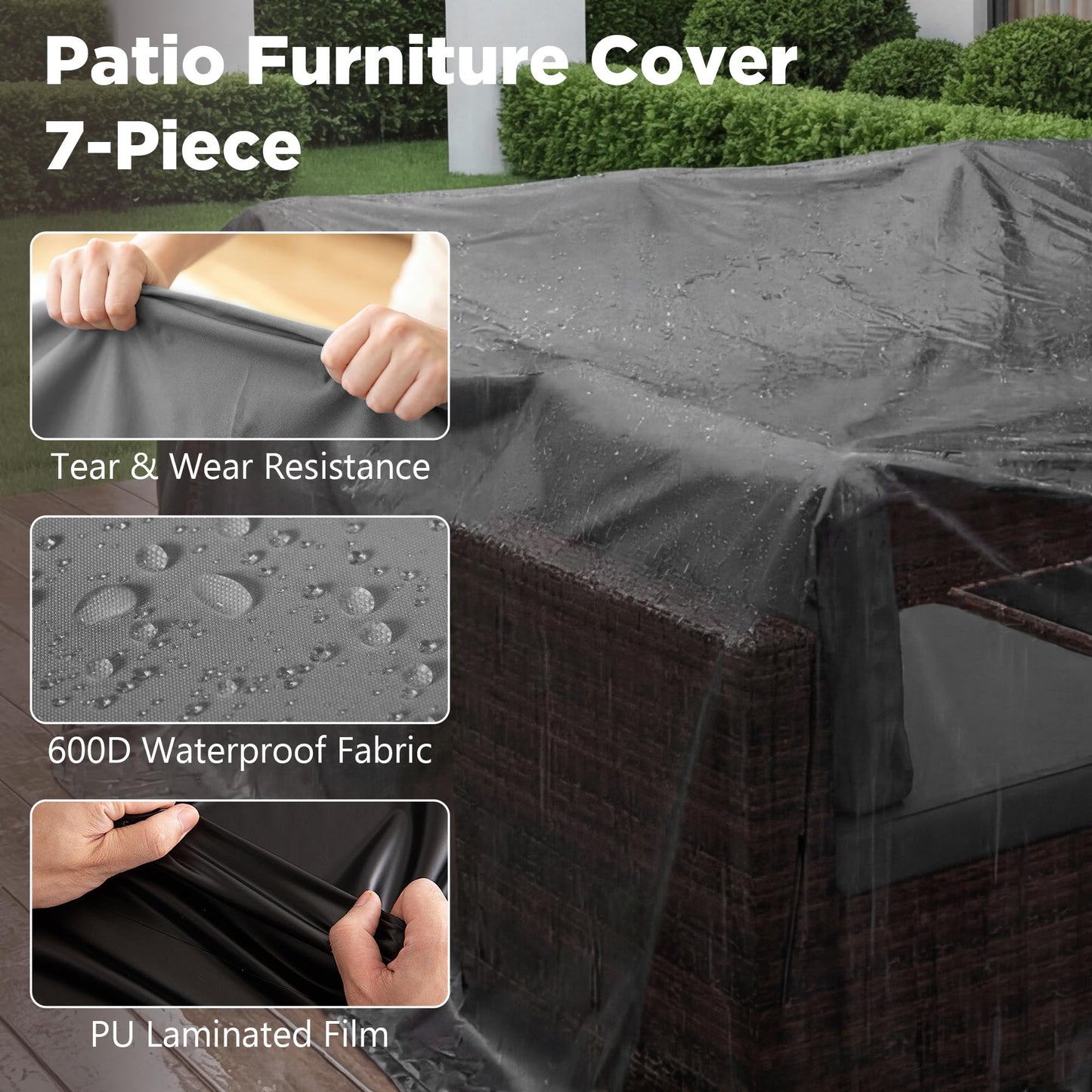 LHBcraft Patio Furniture Set with Rain Cover,7 Pieces Outdoor Wicker Rattan Patio Furniture, Wicker Rattan Outdoor Sectional Sofa Set with Coffee Table for Garden, Poolside Taupe-Grey