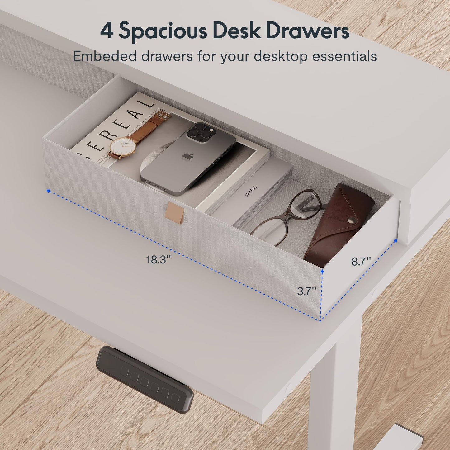 FLEXISPOT 63" L Shaped Standing Desk with Shelf Electric Corner Table, Drawers, Adjustable Computer Workstation for Home, Office,63x55in, White Top + White Frame