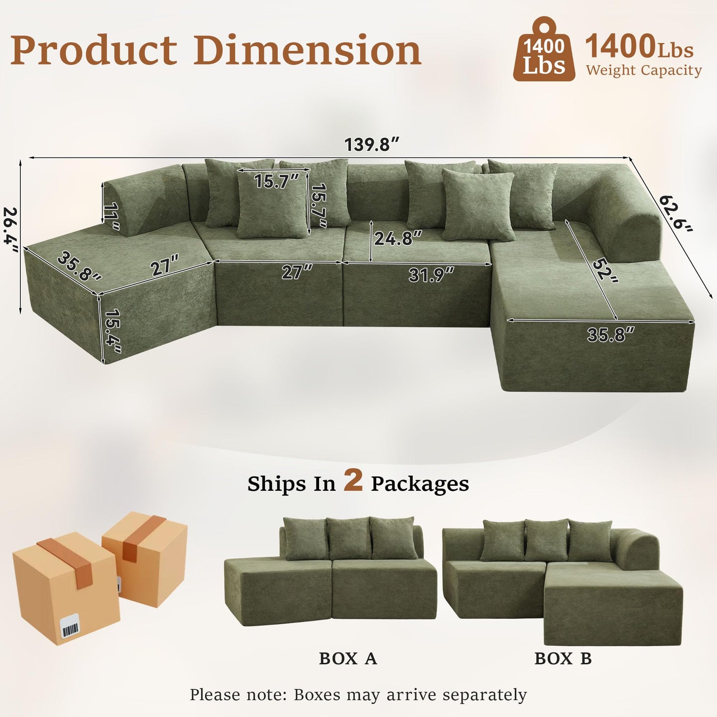 CACFTII 140" Oversized Boneless Couch, Curved Cloud Sectional Couch with L-Shape Chaise, Compressed Memory Foam Couch, Velvet Modular Sectional Sofa for Living Room, No Assembly Required, Green