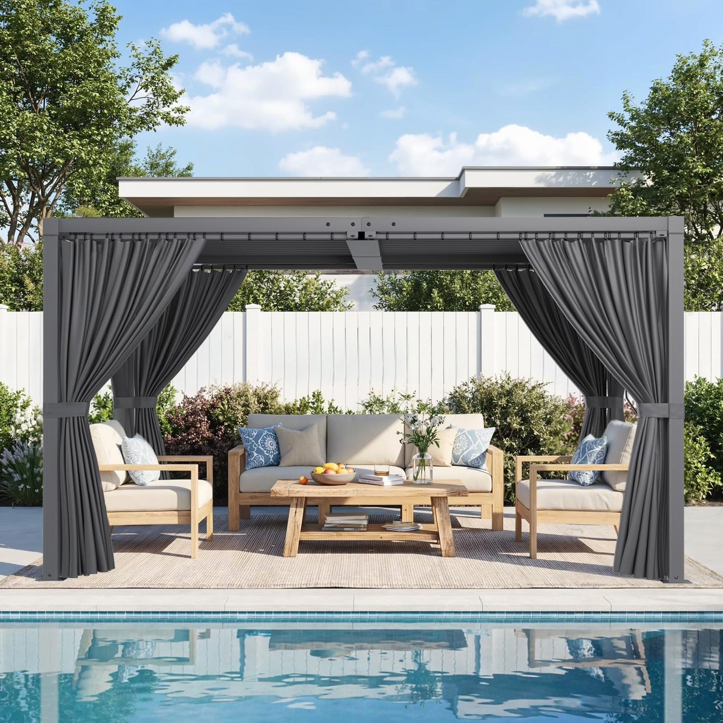 SAILARY Louvered Pergola 10' x 13' with Waterproof Curtains, Outdoor Aluminum Pergola with Reinforced Steel Roof, Heavy-Duty Hardtop Gazebo, Privacy Privacy Shaded Shelter, Grey