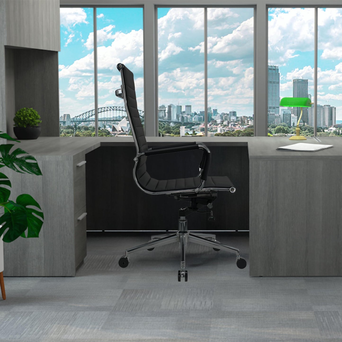 SUNLINE Pack of 2 Ergonomic Office Chair, Comfy PU Leather Chair with Adjustable Height, Armrests, and Rolling Wheels, Modern Black Design for Work, Conference and Home Office Desk Chairs