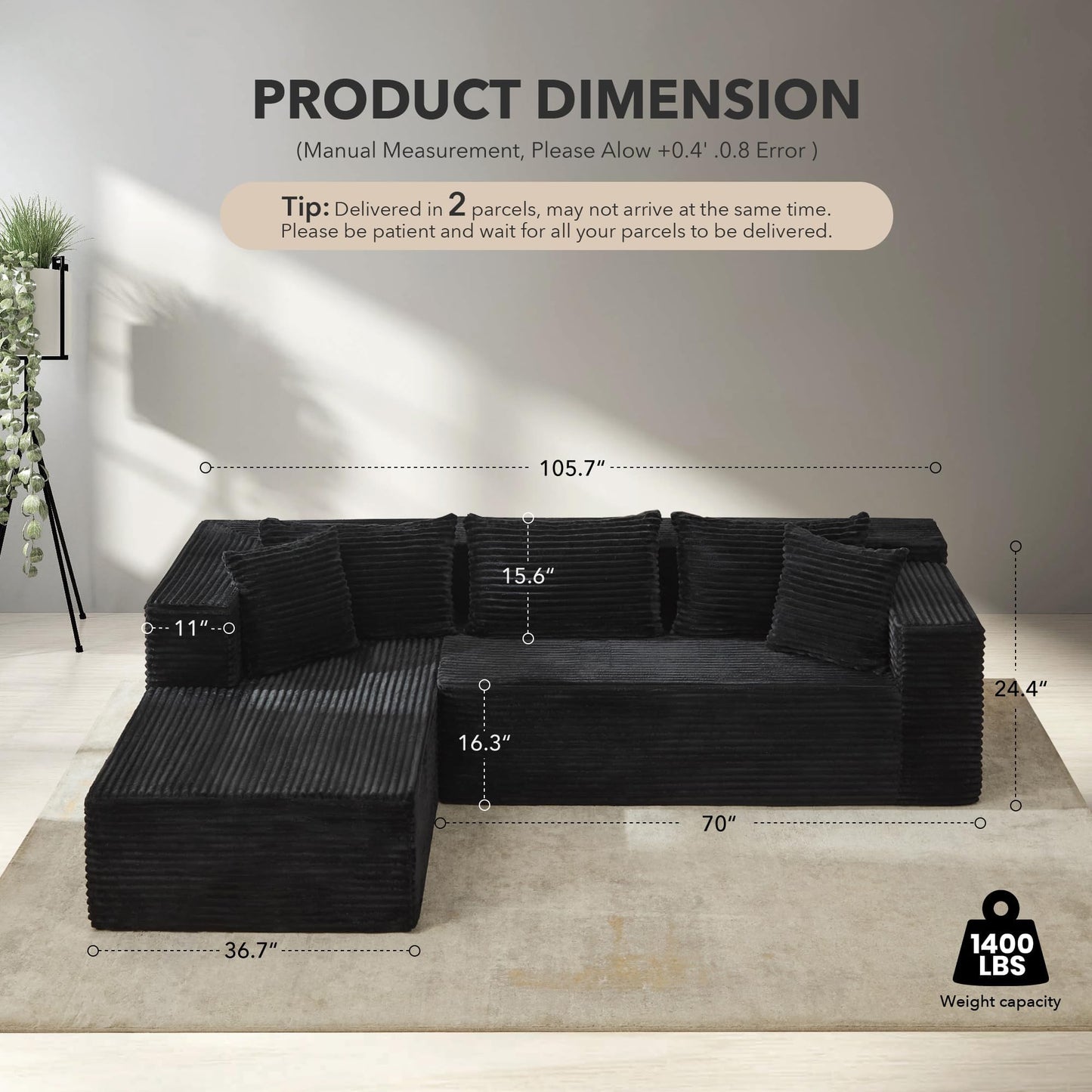 Modular Sectional Sofa Cloud Sectional Couch, 106" Comfy L Shaped Couches for Living Room,Oversized Sofa Sleeper with Deep Seat, No Assembly Required