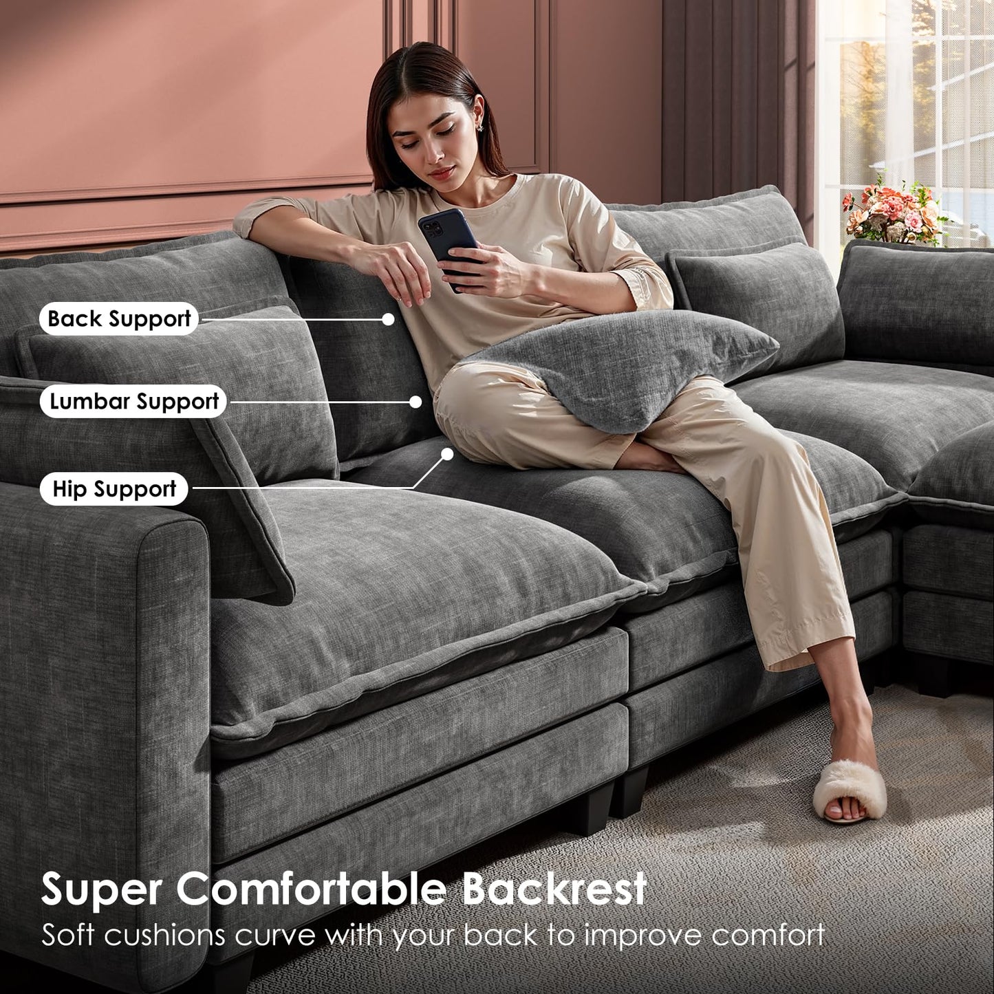 Marsail Modular Sectional Sofa 110.6" U-Shaped Modern Comfy Cloud Couch, 5-Seat Chenille Deep Seat Sofa with Throw Pillow & Movable Ottoman for Living Room, Bedroom and Apartment, Slate Gray
