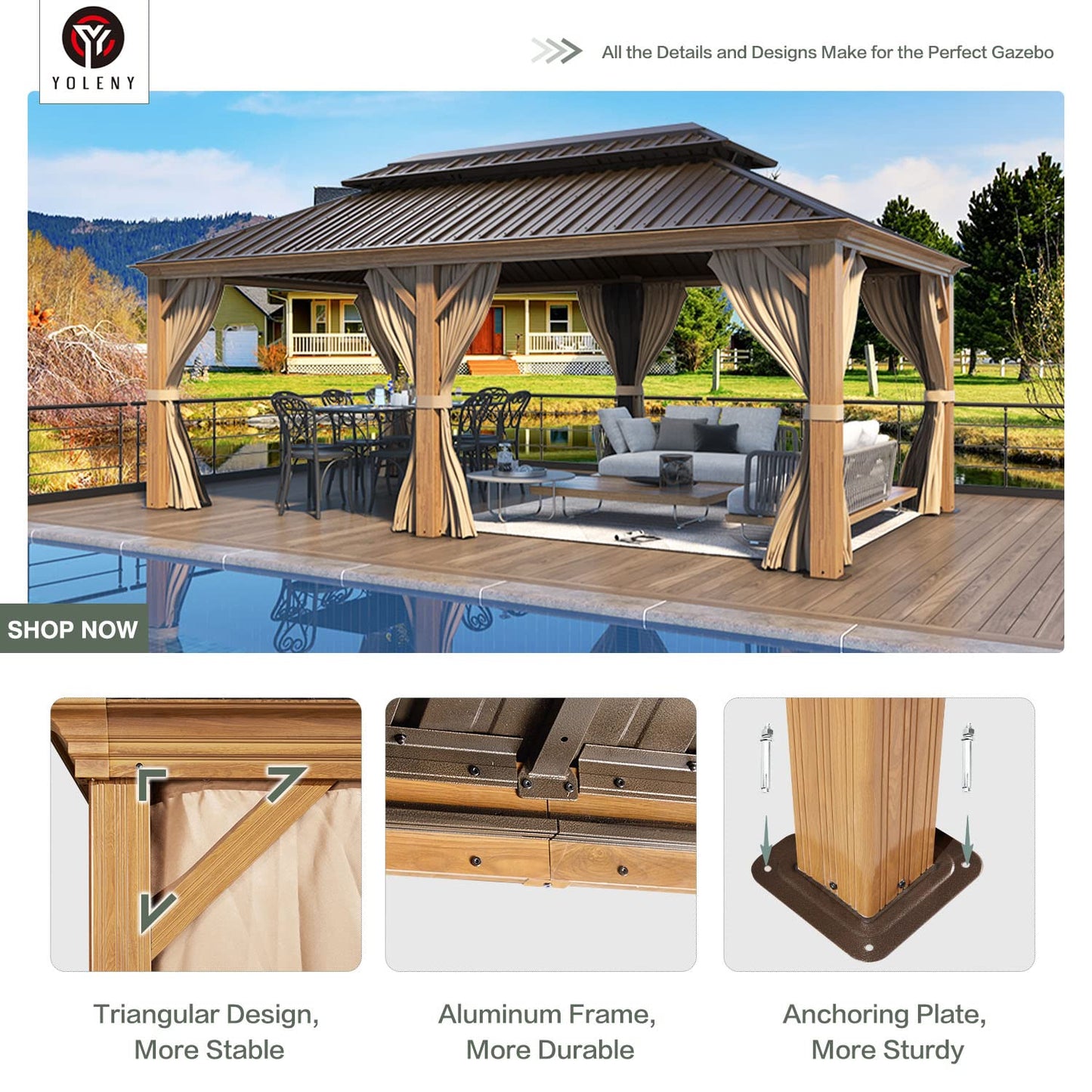 YOLENY 12'x20' Gazebo, Galvanized Steel Double Roof with Wood Grain Aluminum Frame, Outdoor Permanent Metal Pavilion with Curtains and Nettings for Patio, Backyard and Deck
