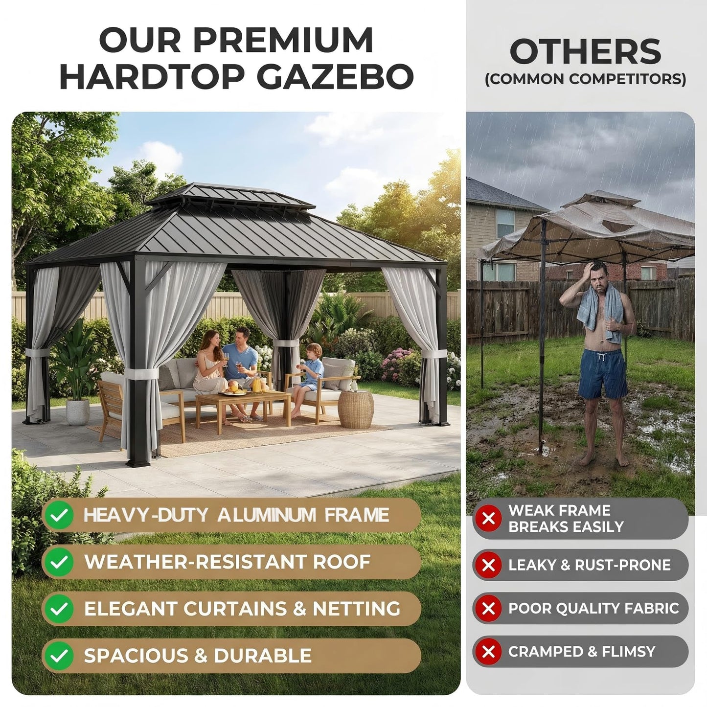 IRONCK 16'x12' Hardtop Gazebo, Update Aluminum Frame Gazebo with Galvanized Steel Double Roof, Outdoor Pergola with Curtain and Net, Backyard Canopy for Garden, Deck, Gray and Black
