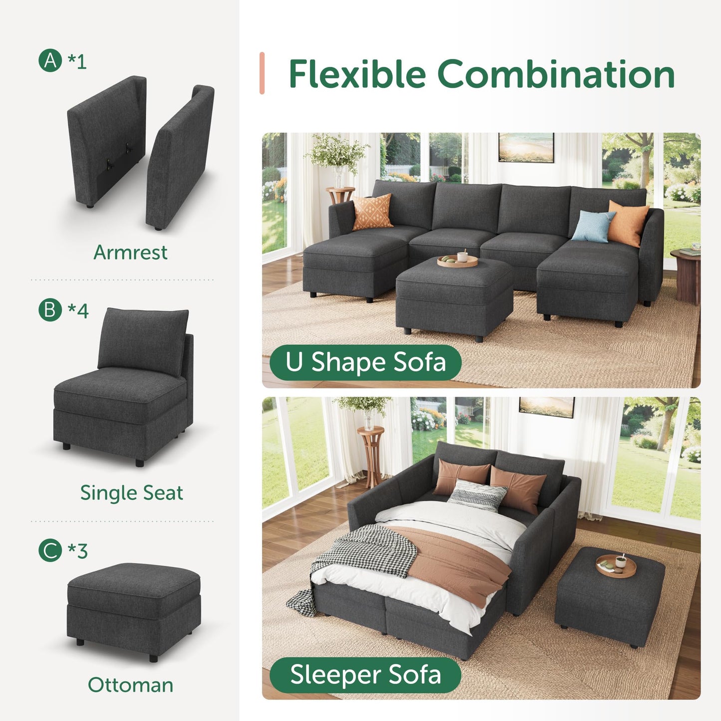 HONBAY Modular Sofa U Shaped Sectional Couch with Storage, Convertible Modular Sofa 7 Seats Sectional for Living Room - Snowflake Velvet Grey