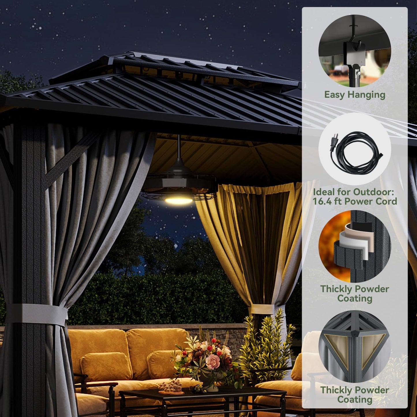 Aoxun 10'x12' Hardtop Gazebo, Aluminum Frame Canopy with Double Galvanized Steel Roof, Outdoor Metal Pavilion with Netting Curtains and 20 inch Ceiling Fans with Lights for Backyard, Patio and Deck