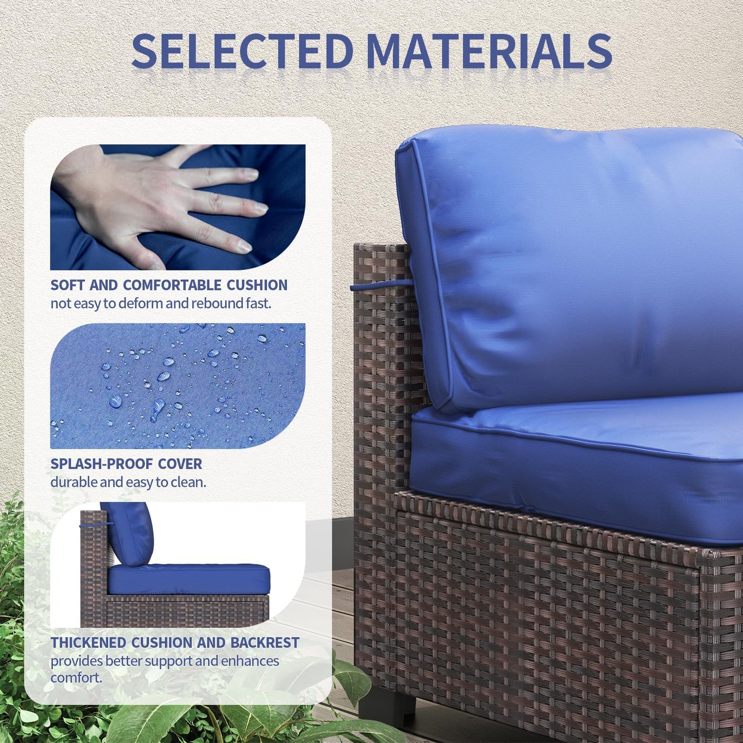 GAOMON 7 Pieces Outdoor Patio Furniture Sets, Rattan Conversation Set with Sectional Sofa, Chairs and Coffee Table, Waterproof Patio Conversation Sets (Brown & Navy Blue)