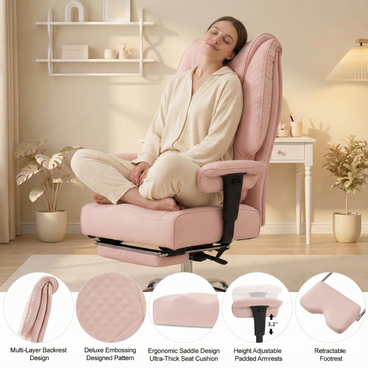 EXCEBET Big and Tall Office Chair 400lbs Wide Seat, Leather High Back Executive Office Chair with Foot Rest, Ergonomic Chairs Lumbar Support for Lower Back Pain Relief (Light Pink)