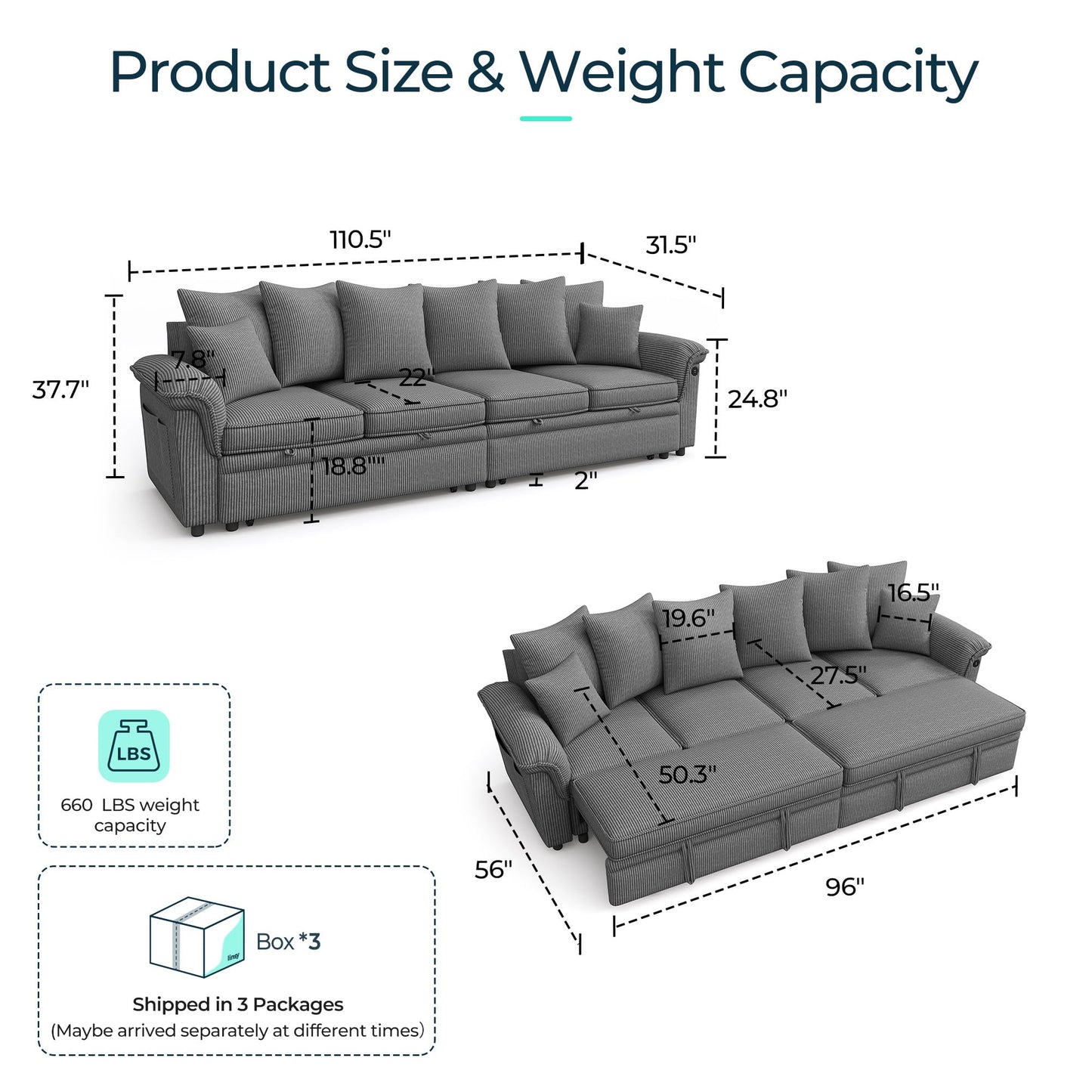 LINSY HOME Oversized Sectional Sleeper Sofa with Pull Out Couch Bed (Gray, 110.5'')