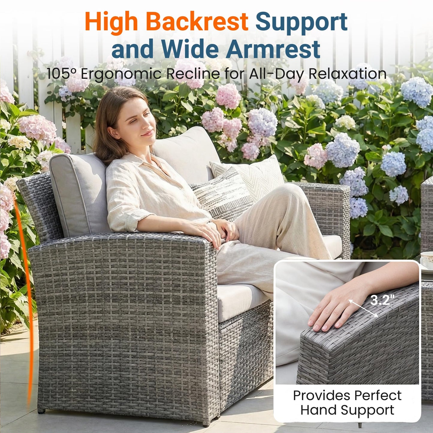 Wisteria Lane Patio Furniture Set, Wicker Outside Outdoor Furniture for All Weather, Patio Sofa with High Backrest Support and Wide Armrest for Backyard, Balcony, Deck, Porch, Ash Gray