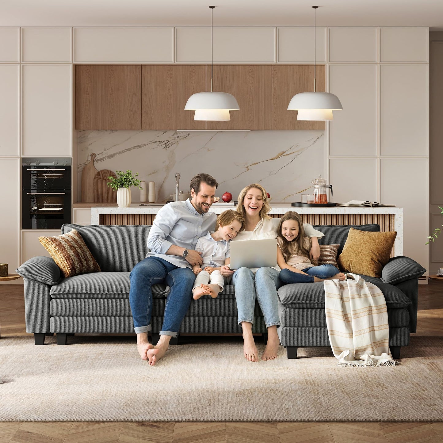 LINSY HOME 123'' Modular Sectional Sofa Grey Couch Corduroy Cloud Couches for Living Room, L Shaped Couch with Movable Ottoman, Modern Cloud Sectional Sofas for Bedroom and Apartment, Grey