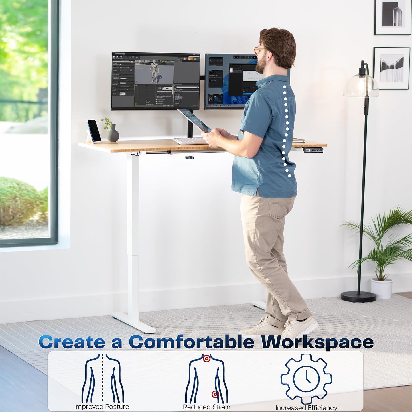 VIVO Electric 60 x 24 in Real Bamboo Standing Desk, Memory Height Adjustment, 1B Series, Holds 220 lbs, One-Piece Top, White Frame, DESK-KIT-1W6O