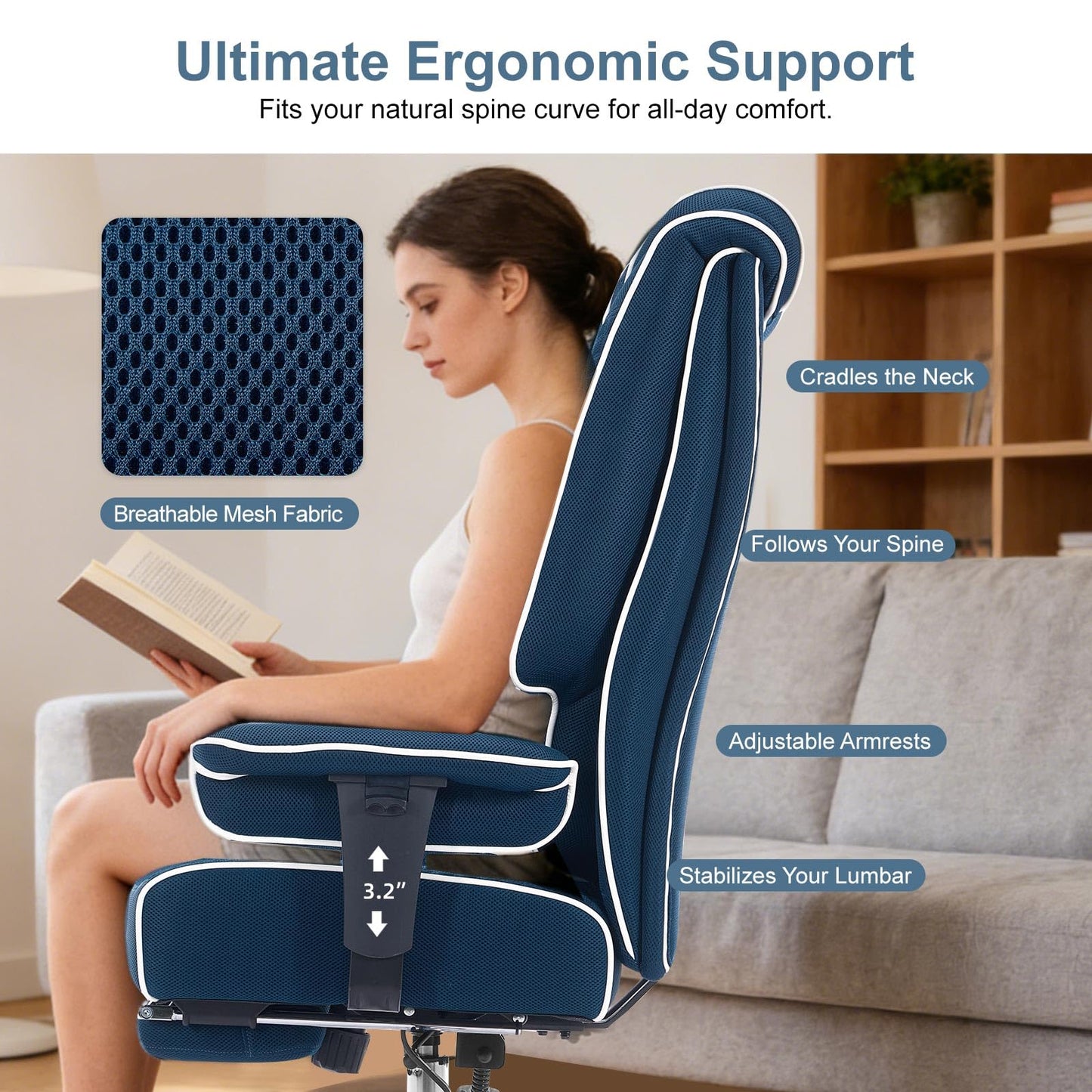EXCEBET Big and Tall Office Chair 400lbs Wide Seat, Leather High Back Executive Office Chair with Lumbar Support, Ergonomic Chairs Padded Armrests & Thick Cushion (Mesh Blue)