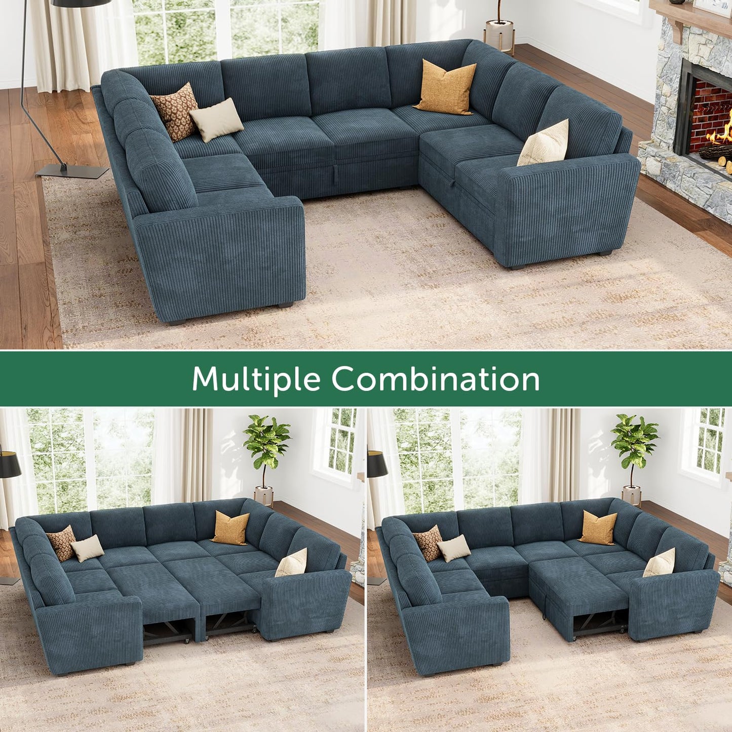 HONBAY Modular Sectional Couch with Pull Out Bed, Corduroy Sleeper Sofa with Storage Seats, U Shaped Sectional Couches for Living Room, Blue