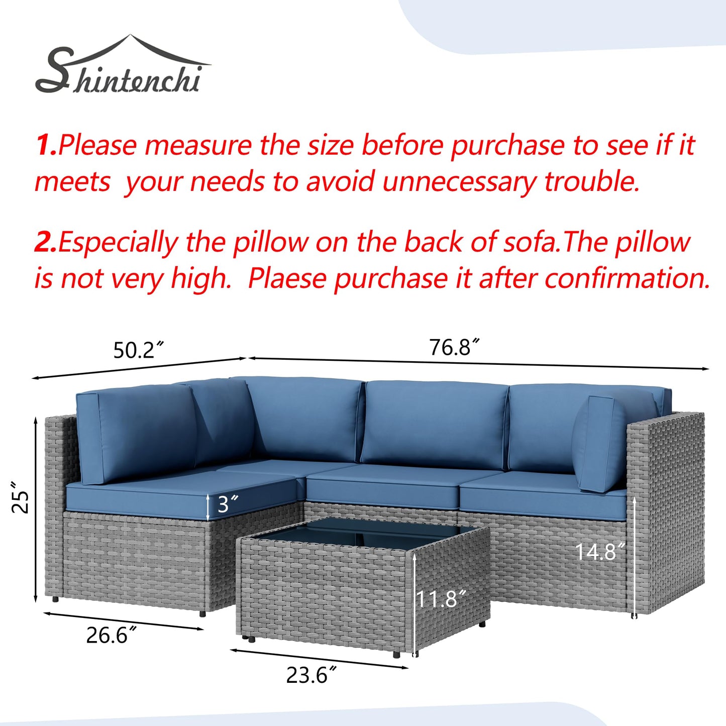 Patio Furniture Sets, 5 Piece Outdoor Sectional Sofas, Wicker Rattan Outdoor Furniture Patio Conversation Set, All-Weather PE Rattan Outdoor Couch for Backyard, Garden, Gray & Aegean Blue