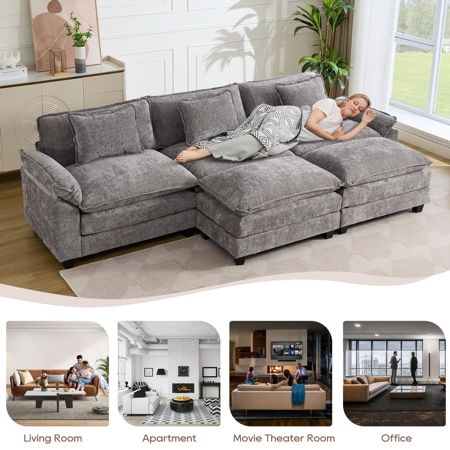 IPKIG 117" Modular Sectional Sofa, Chenille U-Shaped Sectional Couch Comfy Upholstered 3 Seat Sofa with 2 Ottoman, 3 Lumbar Pillow, Deep Seat Cloud Couch Sofa for Living Room, Light Grey