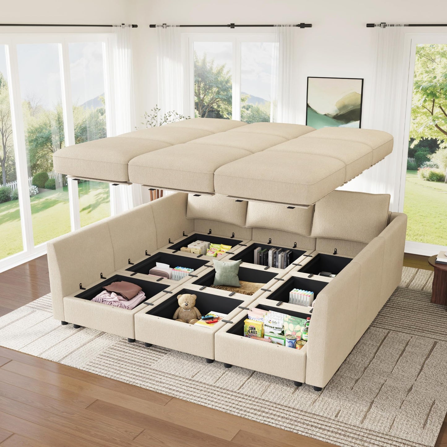HONBAY Modular Sectional Sleeper Sofa with Storage, Modular Convertible Sectional Couch Bed Module Sleeper Couches for Living Room - Beige