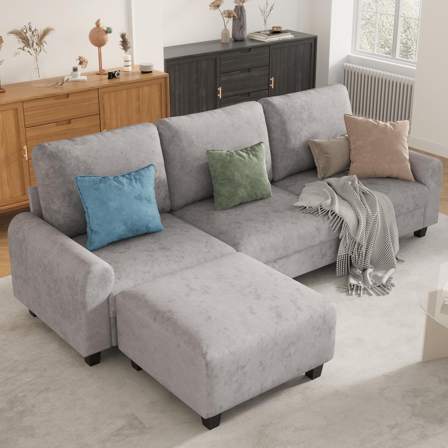EASE MOOSE Large Seat Velvet L-Shaped Sofa, Soft 4 Seat Couch with Reversible Chaise, Comfy Sectional Modular Sofa with Removable Washable Covers for Living Room and Small Space, Grey
