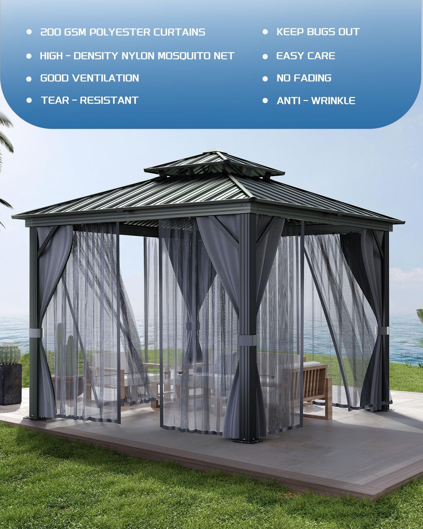 12'X12' Hardtop Gazebo, Galvanized Steel Aluminum Frame with Double Roof, Heavy-Duty Outdoor Patio Gazebo with Curtains & Netting for Backyard, Deck, Porch, Garden, Lawn, Grey