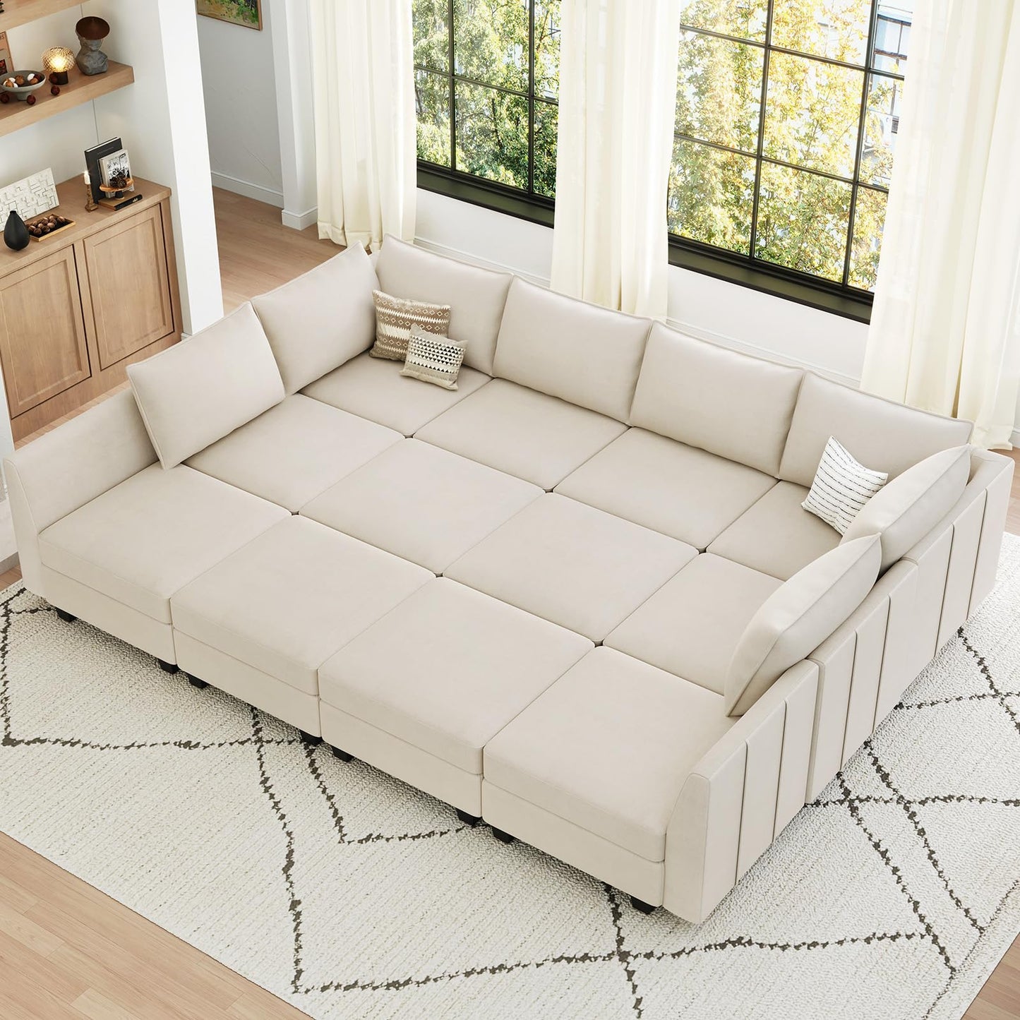 Belffin Oversized Modular Sectional Couch Sleeper Sofa with Storage Velvet Sectional Sofa Bed for Living Room, 12 Seats, Beige
