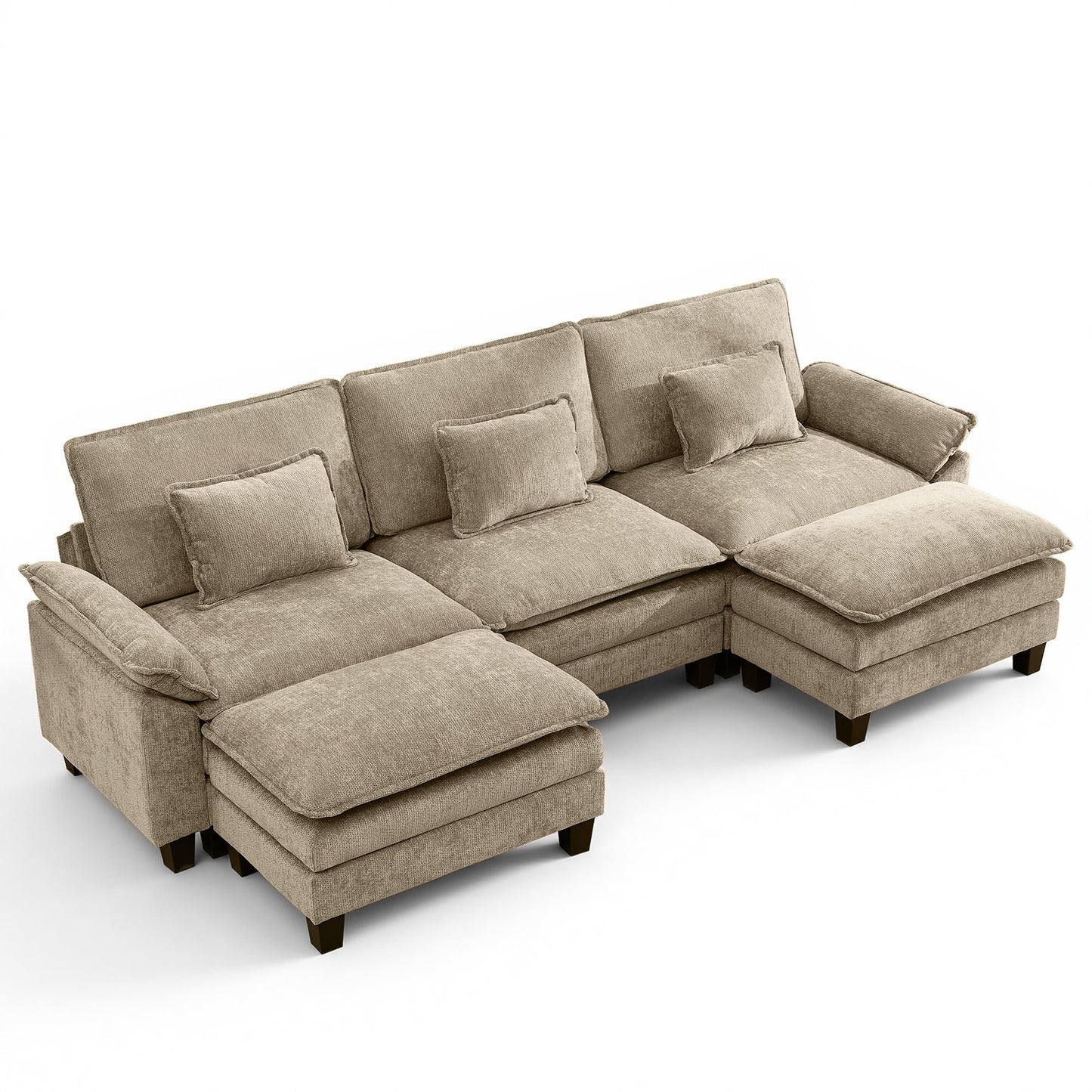IPKIG 117" Modular Sectional Sofa, Chenille U-Shaped Sectional Couch Comfy Upholstered 3 Seat Sofa with 2 Ottoman, Deep Seat Cloud Couch Sofa for Living Room, Khaki