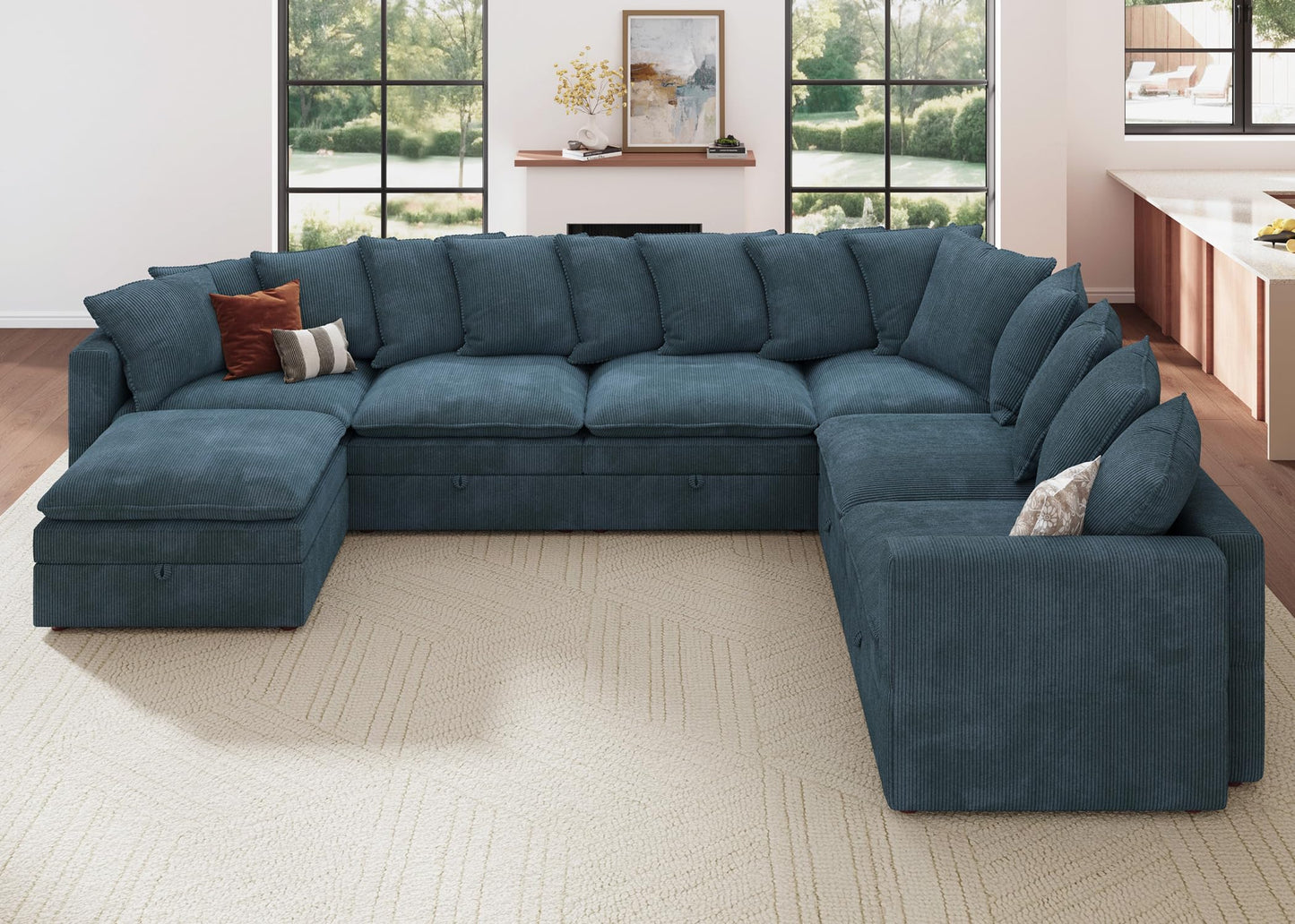 HONBAY Modular Sectional Sofa with Ottoman, 7 Seat U Shaped Couch with Storage & Pillows, 137 Inch Oversized Sectional Sofa for Living Room, Blue