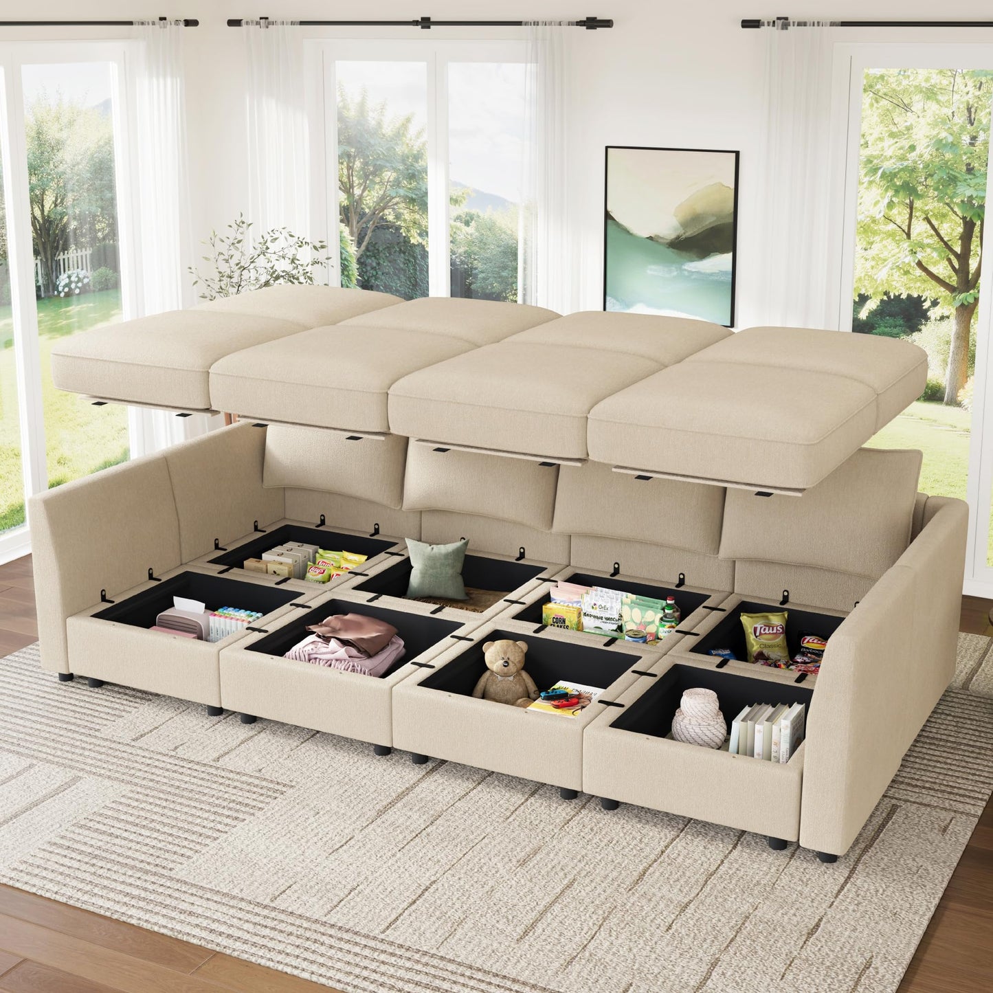 HONBAY Modular Sofa Sectional Sleeper Couch with Storage Seat Reversible Sectional Sleeper Couch Modular Sofa - Beige