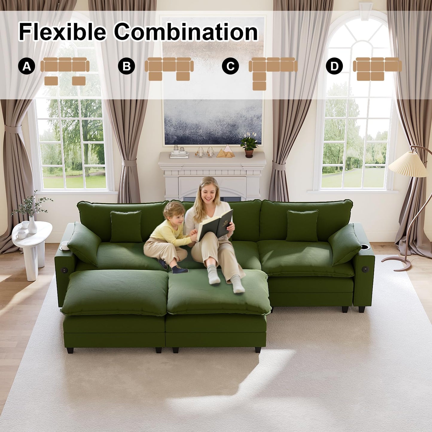 KCGKCG 116" Modular Sectional Sofa, U Shaped Cloud Couch with Movable Ottoman, Chenille Deep Seat Cloud Sofa with Charging Station, Cup Holder, Side Pocket, Sectional Couches for Living Room, Green