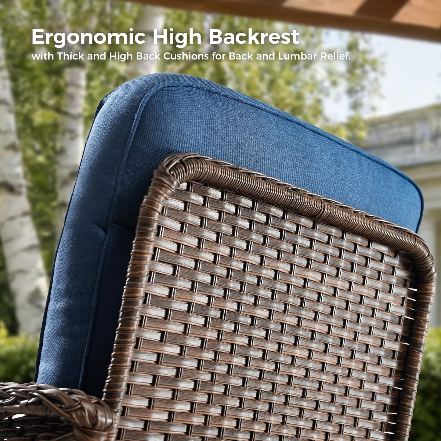 Luxury Outdoor Swivel Rocker Patio Chairs with 6-Inch Thick Cushions, High Back Swivel Glider Patio Chairs, 3PCS Wicker Outdoor Furniture Set for Porch, Patio, Yard, Deck, Poolside, Brown/Blue
