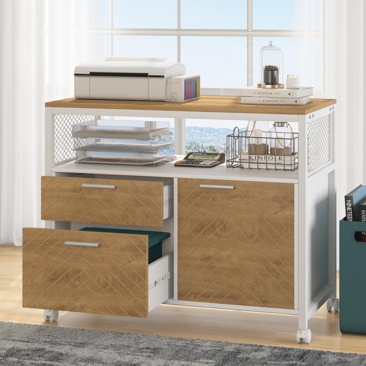 Tribesigns L Shaped Desk with Drawer Cabinet, 63" Executive Computer Desk and lateral File Cabinet, 2 Piece Home Office Furniture with Drawers for Hanging, Doors with Locks (Light Walnut, 63 inches)