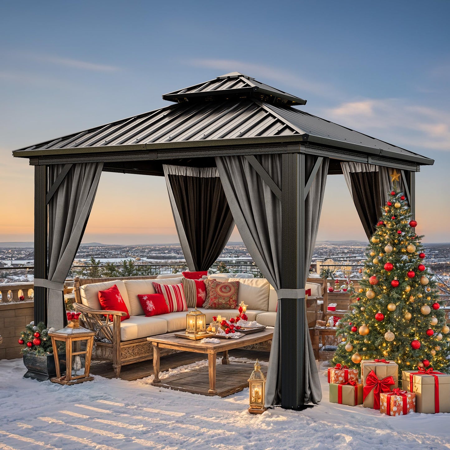 YITAHOME 10x10ft Hardtop Gazebo with Nettings and Curtains, Heavy Duty Double Roof Galvanized Steel Outdoor Combined of Vertical Stripes Roof for Patio, Backyard, Deck, Lawns, Gray