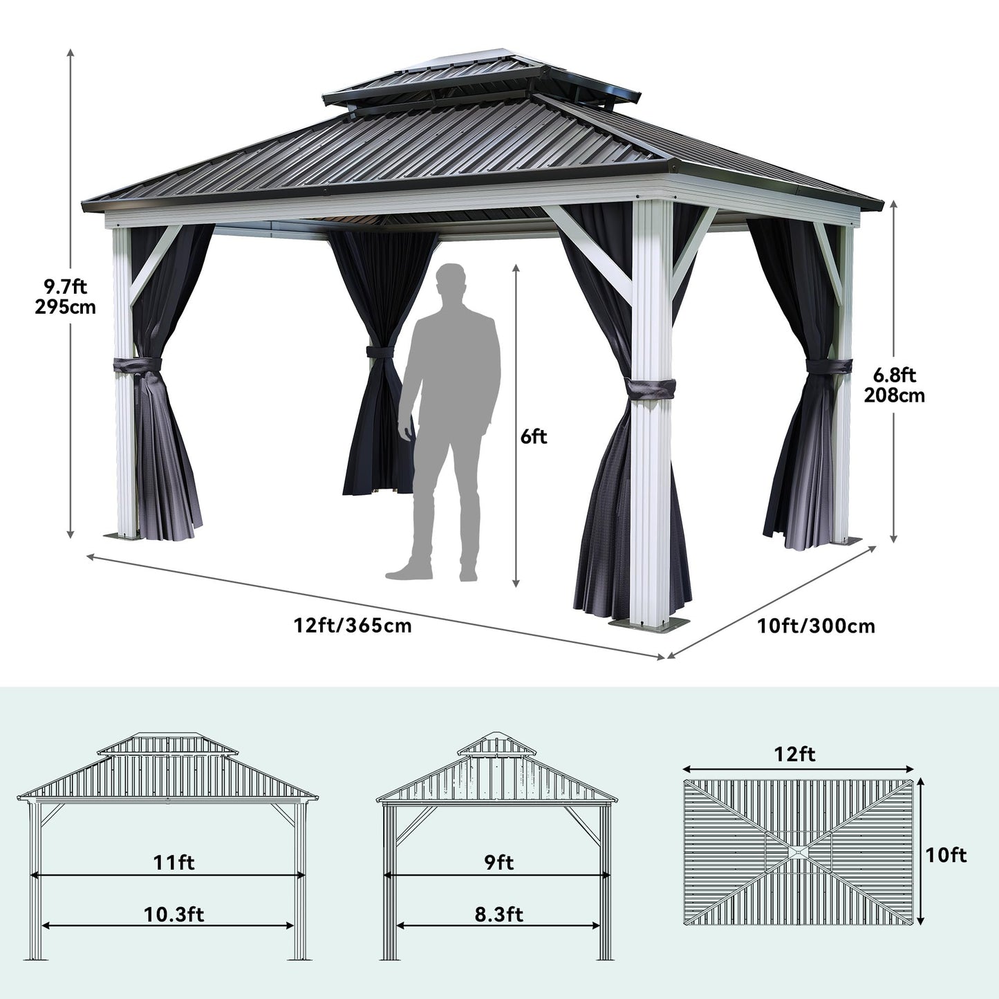 YITAHOME 10X12FT White Hardtop Metal Gazebo Patios Double Roof Canopy Aluminum Frame Garden Gazebo Tent Curtains Netting for Patios Backyards Decks Lawns