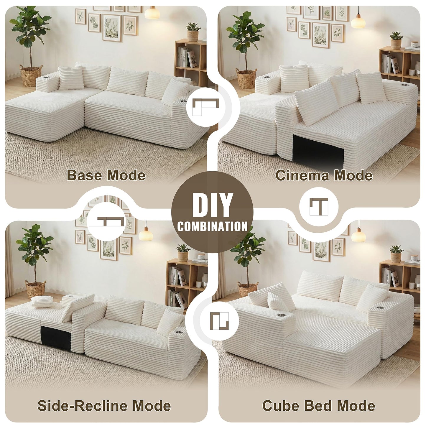 Shintenchi Boneless Couches for Living Room,Modular Sectional Sofa with 2 Cup Holders,Memory Foam Cloud Couch with L Shaped Oversized Chaise,No Assembly Needed Plush Corduroy Sofa,White