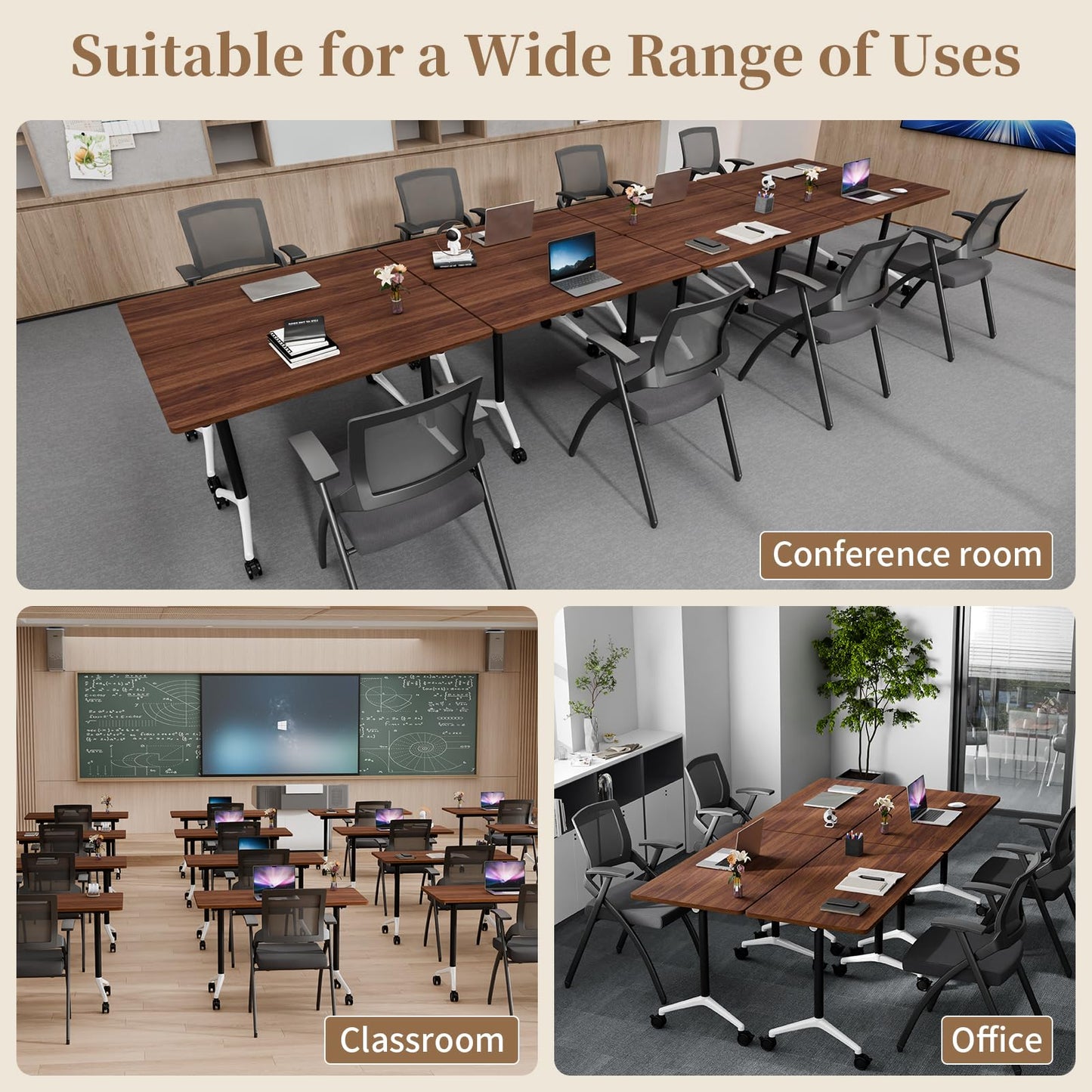 Modular Folding Conference Table with Wheels,8 Pack Mobile Conference Room Tables,Filp Top Rolling Meeting Training Tables for Office,Classroom,Library,Seminar,Boardroom,school(8pack,Walunt,71in)