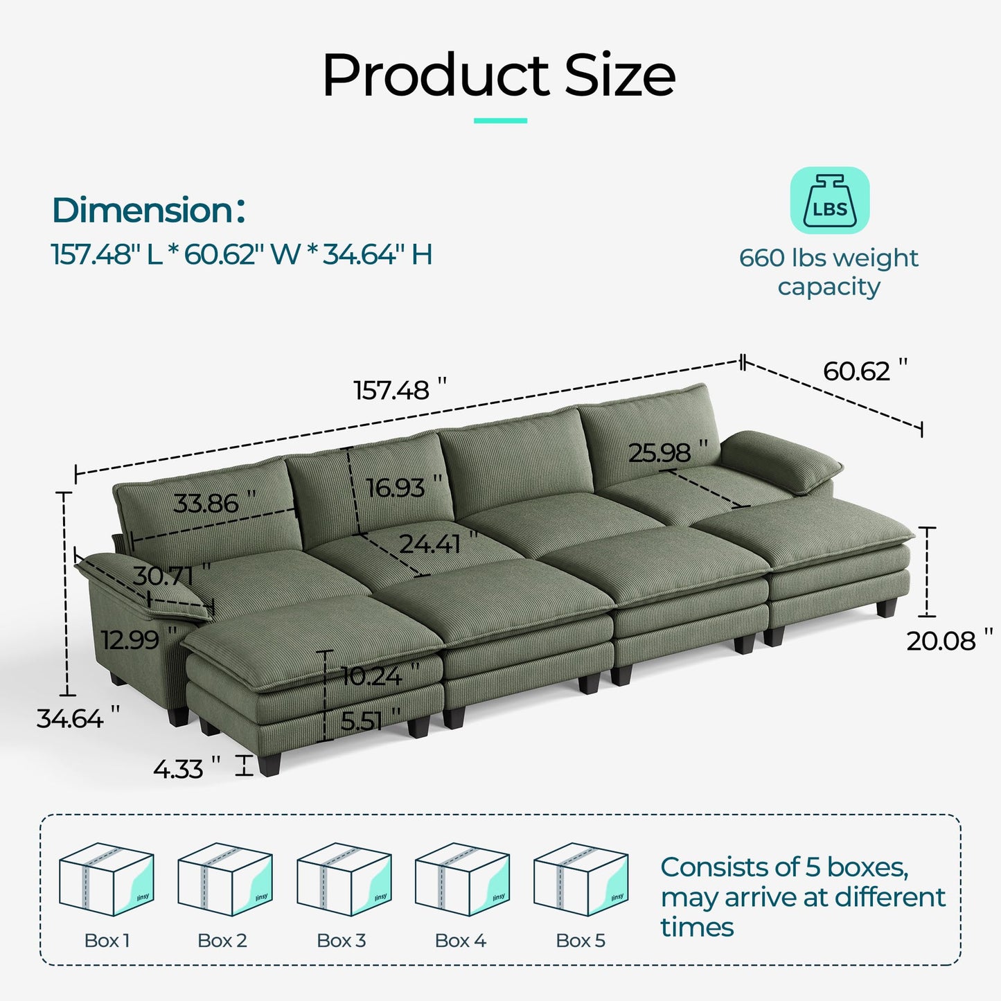 LINSY HOME Modular Sectional Sofa - 157 Inch Oversized Corduroy Cloud Couch with Movable Ottoman Soft Modern Comfy Sofa Set for Living Room Apartment Office (Green, 4-Seat & 4-Ottoman)