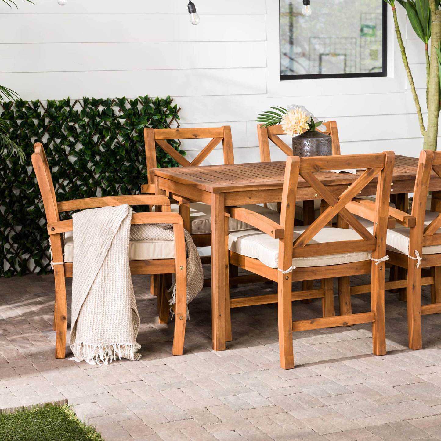 Walker Edison Delray Classic 7 Piece Acacia Wood Outdoor Dining Set with X Back Chairs, Set of 7, Brown