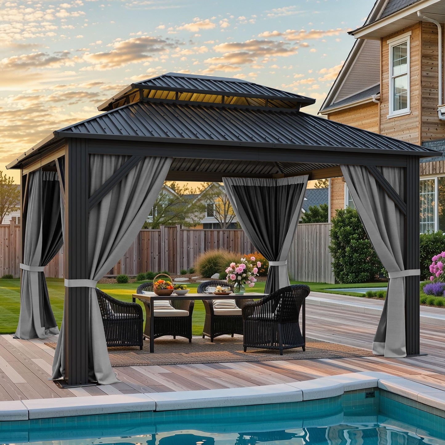 YITAHOME 12x14ft Hardtop Gazebo Outdoors with Nettings and Curtains, Heavy Duty Double Roof Galvanized Steel Outdoor Double Roof for Patio, Backyard, Deck, Lawns, Gray