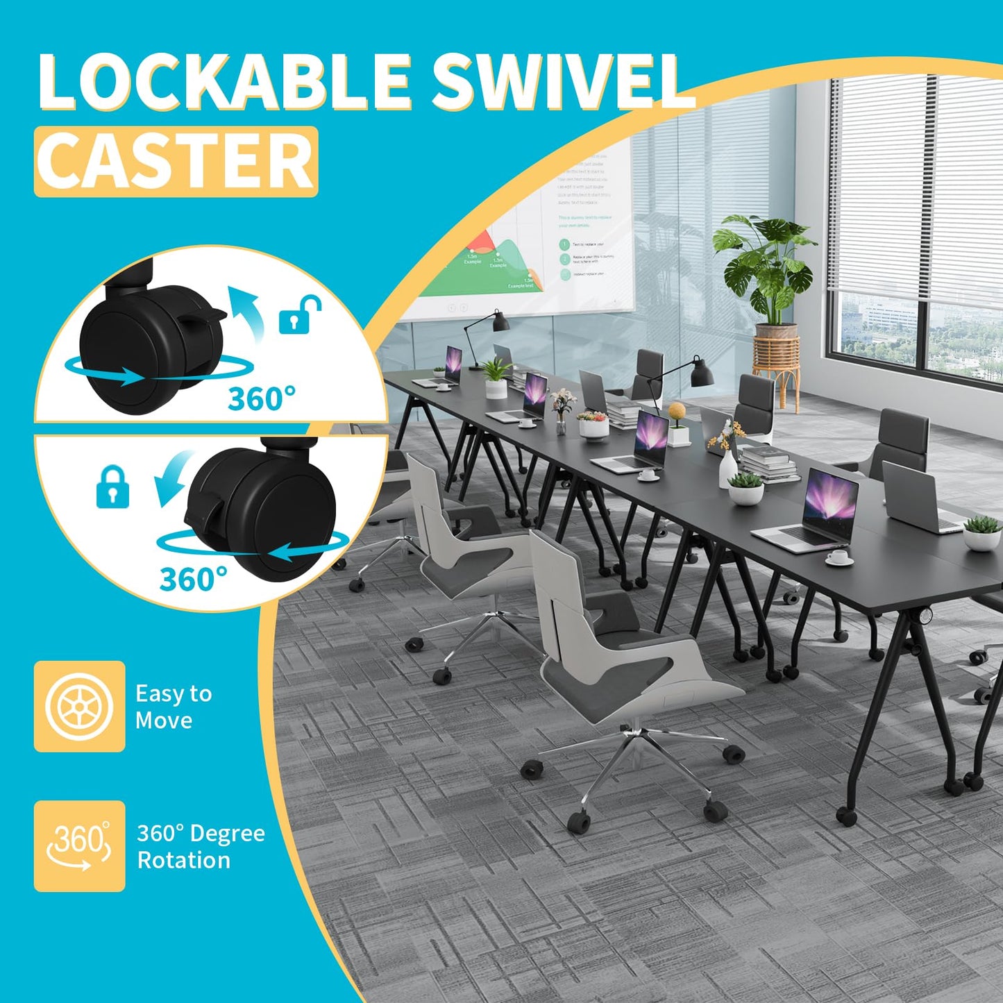 Conference Table with Wheels, Folding Conference Table with Knob & 4 Brake Casters, Modular Flip Top Mobile Conference Room Table for Office, Meeting, Training Room, Class (6, Black, 55.1in)