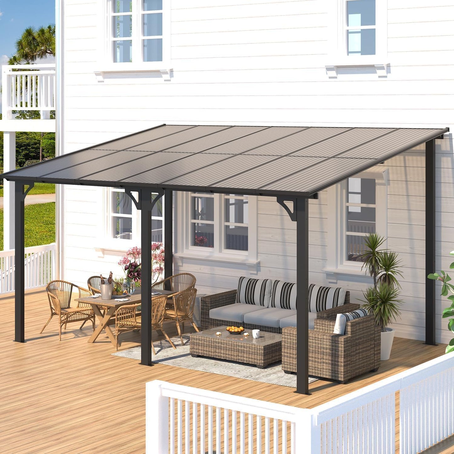 10'X12' Hardtop Wall Mounted Gazebo with Gutters & Galvanized Steel Roof, 60MPH Wind Resistance, Lean to Gazebo Pergola with Sloped Roof for Deck, Porch, Backyard and More, Black