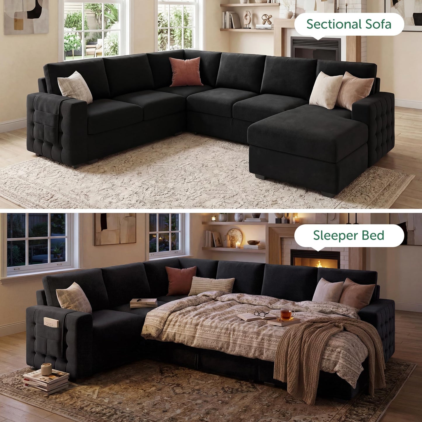 HONBAY Sectional Sleeper Sofa with Pull-Out Bed Storage Chaise, 6 Seater Couch for Living Room, Black