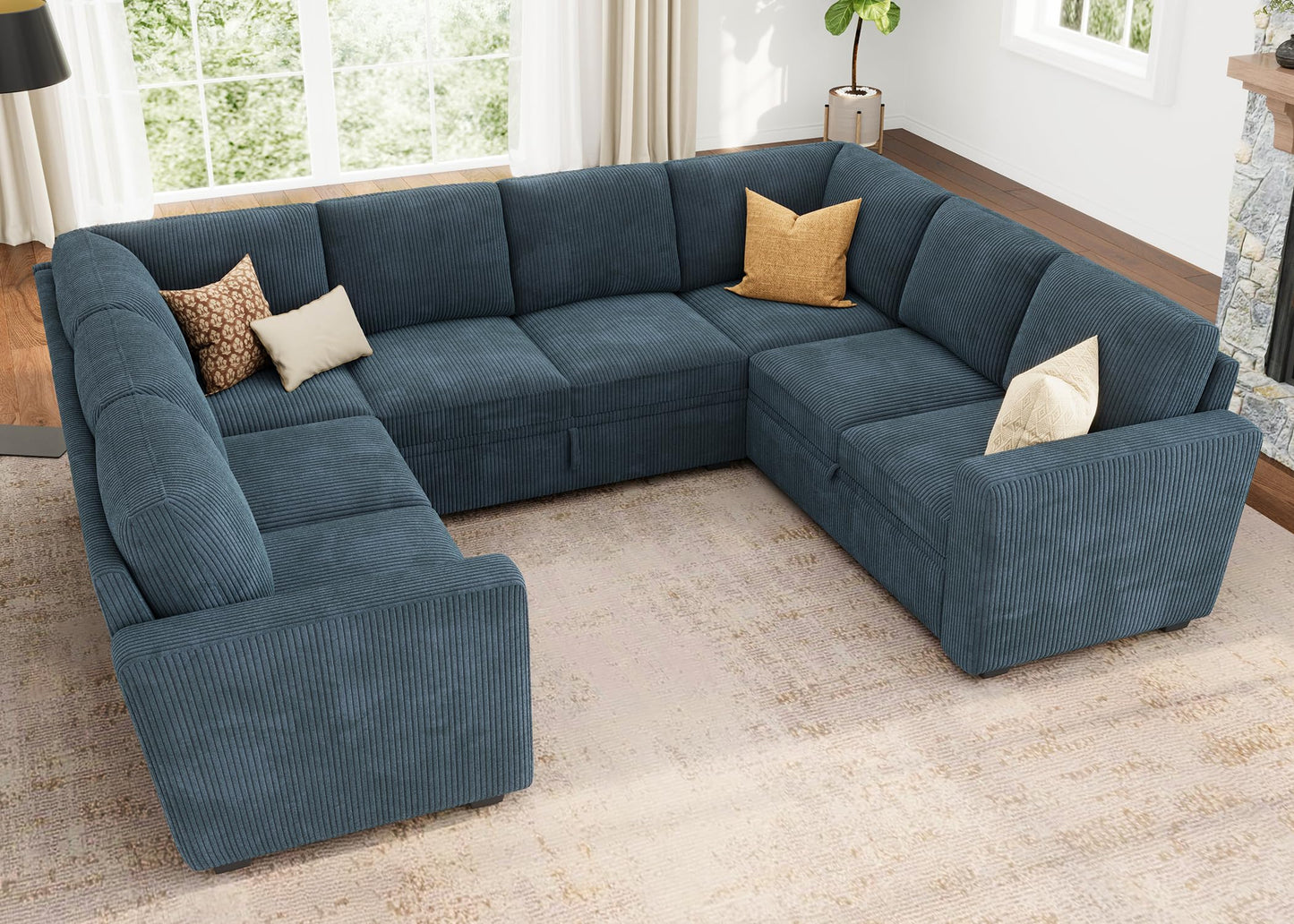 HONBAY Modular Sectional Couch with Pull Out Bed, Corduroy Sleeper Sofa with Storage Seats, U Shaped Sectional Couches for Living Room, Blue