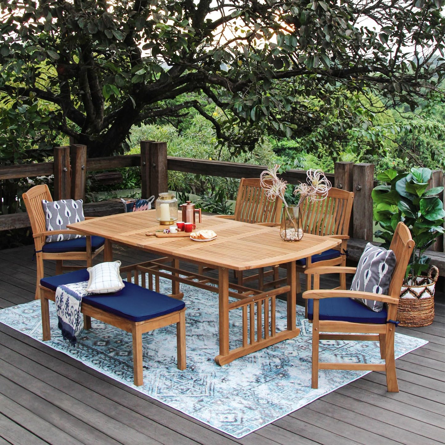 Cambridge Casual Caterina Teak Wood 6-Piece Outdoor Dining Set with Backless Bench, Navy