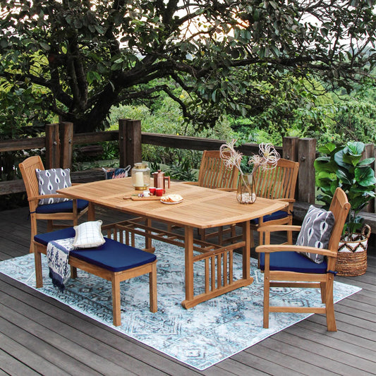 Cambridge Casual Caterina Teak Wood 6-Piece Outdoor Dining Set with Backless Bench, Navy