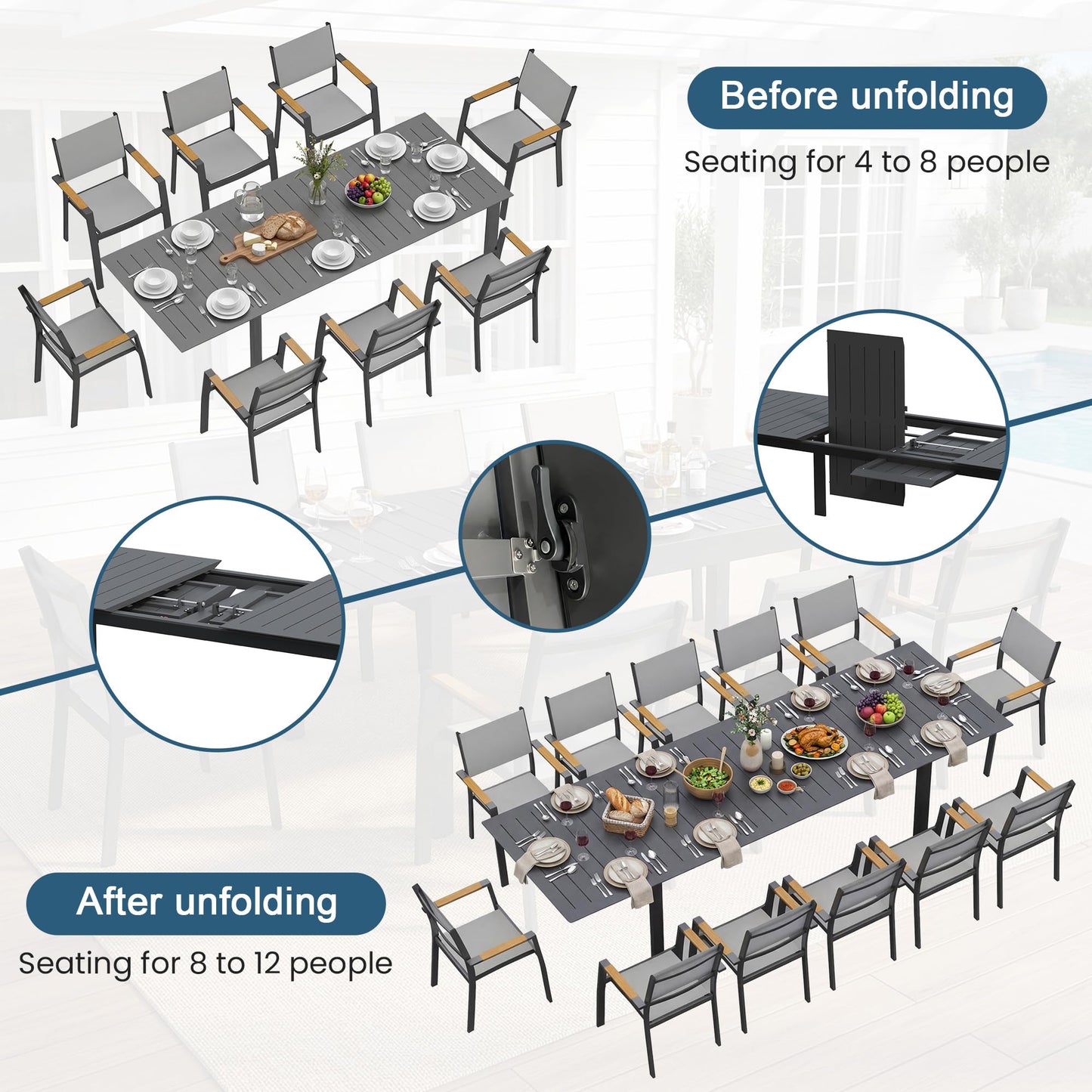 Wisteria Lane 13 Piece Aluminum Outdoor Dining Sets with 3-Adjustable Length Dining Table, 121" L×39.4" W Expandable Patio Table and Chairs Set for 12, Stackable Chairs with Quick Drying Fabric, Grey